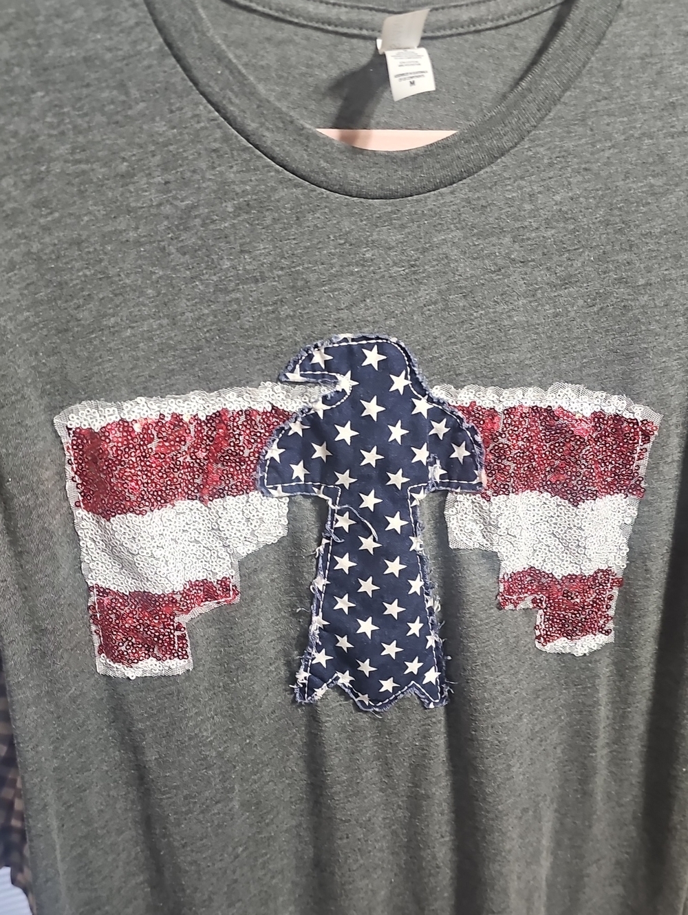 Gray Short Sleeve Tee with American Flag Eagle Appliqué